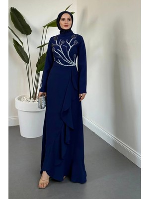 Merven Akyüz Avelora Önü Drapeli Taşlı Krep Abiye Lacivert