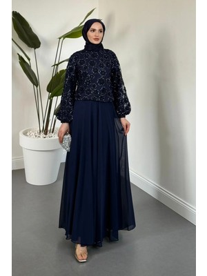 Merven Akyüz Florella Üstü Papatyalı Taşlı Abiye Lacivert