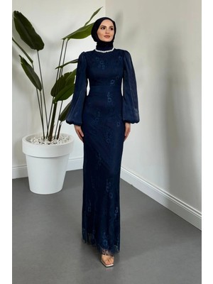 Merven Akyüz Celoriaa Dantel Kumaş Taşlı Abiye Lacivert