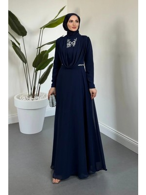Merven Akyüz Monera Üstü Taşlı Şifon Abiye Lacivert