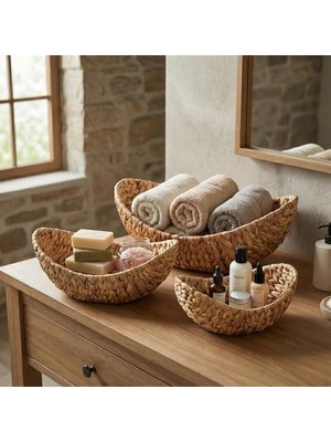 Deconox 3'lü Hasır Kayık Sepet Seti - Doğal Örgü Dekoratif Düzenleyici ve Sunum Organizeri - Banyo, Mutfak ve Salon Için Çok Amaçlı Iç Içe Geçen Sepet Takımı (33X24 Cm)