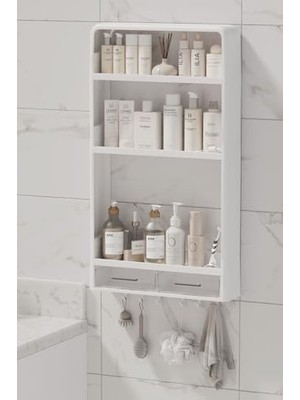 Modüler 3 Katlı Banyo Düzenleyici Raf; Yapışkanlı Duvar Rafı, Delmeden Montaj Mutfak Organizeri, 2 Çekmeceli & Kancalı Havluluk, Şampuanlık Duş Rafı, Çok Amaçlı Beyaz Banyo Dolabı Düzenleme (Beyaz)