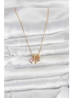 Bsre Gold Pembe Zirkon Taşlı Charmlı Kadın Kolye (316L Çelik)