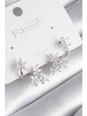 Venüs Shopping Mey Ithalat® Pirinç Gümüş Renk Zirkon Taşlı Çiçek Tasarım Kadın Küpe