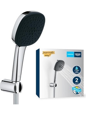 Grohe Vitalio Comfort 110 El Duşu Seti, 110MM Kare 2 Akışlı El Duşu, Duş Başlığı Tutucu, 1750MM Duş Hortumu, Duş Başlığı Seti, Krom, 26399001