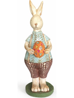 Pitaya Sanat Dekoratif El Yapımı Seramik Tavşan Figürü - Paskalya Yumurtalı Büyük Boy Biblo 24 cm