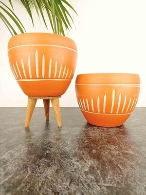 Bitki Tasarımı Ev Dekorasyon Dik Çizgi Desenli Terrakota Toprak Saksı Saksılık Salon Çiçeklik Ikili Set Ayaksız - 3 Ayaklı- 15 cm