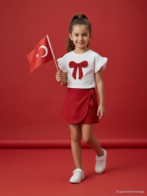 Civil Girls Kolu Fırfırlı 4-9 Yaş Tişört - Kırık Beyaz