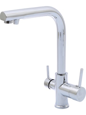 Kustar Krom Arıtma Çıkışlı Mutfak Eviye Bataryası 3 Yollu Musluk Şık Tasarımı ile Tezgah Montajı