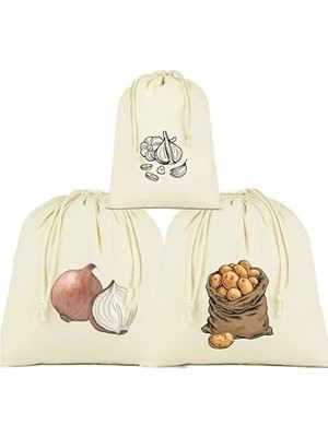 Patates, Soğan ve Sarmısak Saklama Torbası, 3'lü Set, Ham Bez Kumaş, Çekme Ipli
