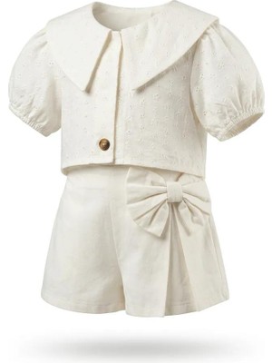 Serkon Kız Bebek %1100 Pamuklu Beyaz Etekli Takım Yaka Detaylı Şık Bayramlık 2’li Alt Üst Takım Yazlık