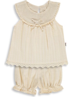 Civil Baby Yaka Dantelli Çizgili Kumaş 6-18 Ay Takım - Bej