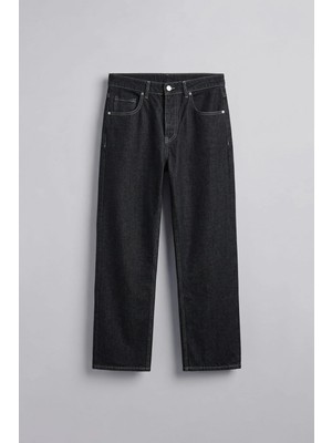 Abluka Online Erkek Baggy Fit Kontrast Dikişli Jean Pantolon Siyah