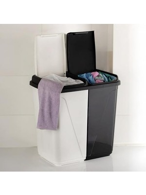 Porsima 0047 90 Litre Çift Gözlü Çamaşır Sepeti Siyah Beyaz-Iki Bölmeli Kirli Sepeti