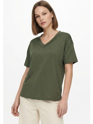 Rays Haki Taşlı V Yaka Kısa Kol Tişört 1761