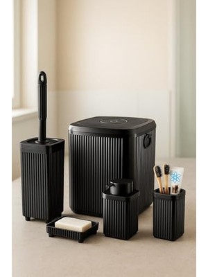 Lines Serisi Siyah Banyo Seti, 5 Parça Akrilik Kare 5 Litre Çöp Kovası, Sabunluk, Fırçalık Takımı 34 Siyah