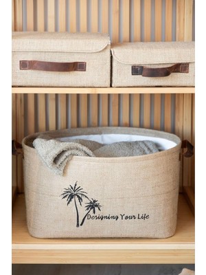 Tuba Toptaş Jüt Kapaklı Dolap Içi Organizer Takı, Makyaj, Banyo, Ofis Düzenleyici Saklama Kutusu 30X23X13 cm