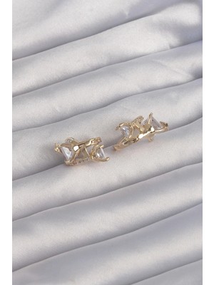 Toyigoo Mey Ithalat® Pirinç Gold Renk Iri Zirkon Taşlı Kıvrımlı Minimal Kelebekli Halka Küpe Tygrs