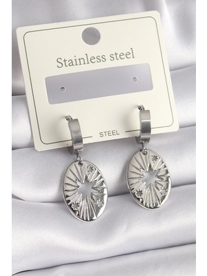 Venüs Shopping Mey Ithalat® 316L Çelik Gümüş Renk Kutup Yıldızı Işleme Kadın Küpe