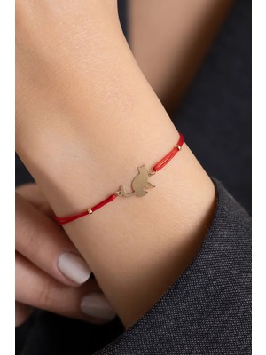 Bayar Gold 14 Ayar Altın Kedili Kırmızı İpli Bileklik