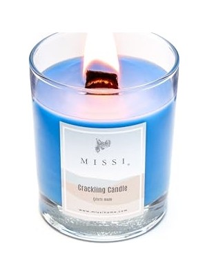 Ahşap Fitilli Vanilya Sandal Kokulu Mavi Craklıng Vegan Mum (Çıtırtılı Mum)