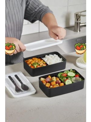 Yemek Saklama Kabı Beslenme 2 Katlı Bölmeli - Sporcu Diyet Öğrenci Fitness Okul Işyeri Sefer Tası Siyah
