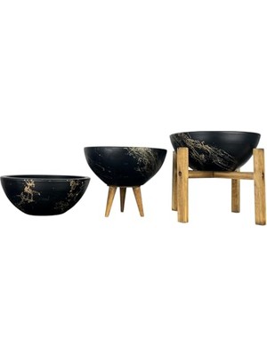 Bitki Tasarımı Ev Dekorasyon Siyah Üzeri Gold Mermer Efektli Aranjman Sunumluk Toprak Saksı Üçlü Set 20 cm Çap