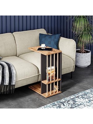 Intergo-Tekerlekli Yan Sehpa Koltuk Sehpası C Sehpa Zigon Sehpa Servis Sehpası (Atlantik Çam, Gri)