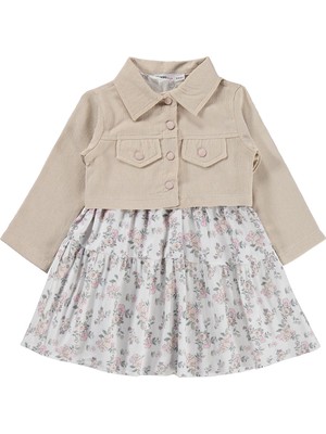 Lüks Kumru Tekstil Civil Girls Ceketli Çiçekli 2 Li 2-5 Yaş Elbise - Bej