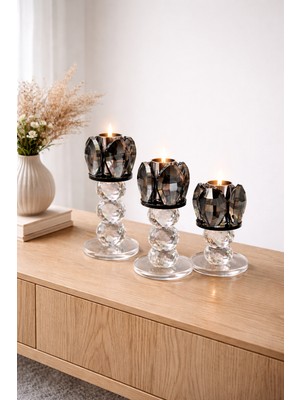 Mis Kitchen Kristal Küre Ayaklı Cam Mumluk 3’lü Set 10-13-15 cm Lüks Salon Dekoru