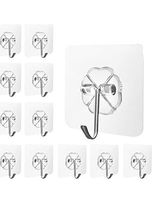 12 Adet Kendinden Yapışkanlı Kanca, Şeffaf Duvar Kancası, Banyo ve Mutfak, Delmeden Yapışkan Kanca, Su Geçirmez ve Yağa Dayanıklı, 304 Paslanmaz Çelik, Fayans, Tavan, Cam Için 10 Kg'a Kadar