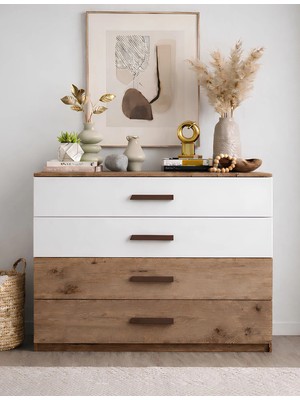 Zita Şifonyer - Antık Cam & Mat Beyaz - 4 Çekmeceli