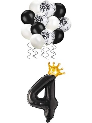 Siyah Folyo Balon, Kral Tacı ve Konfetili Siyah Balon Set (4)
