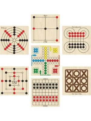 Ahşap Zeka ve Strateji Oyun Seti 7 Li, Kızma Birader+Dama+3 Taş+9 Taş+Bihar+Surakarta ve Tic-Tac-Toe ETICSET247