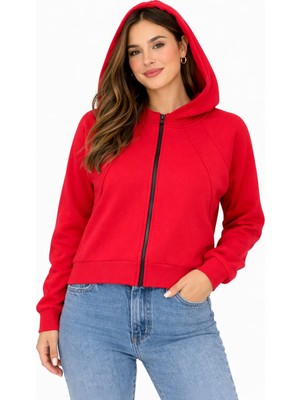 Justas Kadın Kırmızı Fermuarlı Kapüşonlu 3 Iplik Şardonlu Sweatshirt Compact Penye