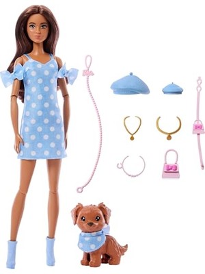 Barbie Uyumlu Dostlar Kahverengi Saçlı Bebek ve Köpekçiği, Puantiye Desenli, Mavi Renkli Kıyafetler Giyen ve Bere, Çanta Gibi Aksesuarlar Takan, JFP38