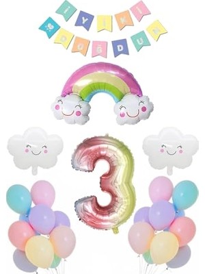 3 Yaş Gökkuşağı Bulut Konsepti Doğum Günü Parti Kutlama Seti