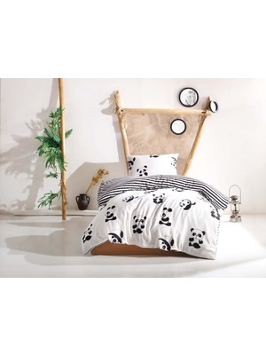 Eponj Home Tek Kişilik Panda Desenli B&W Nevresim Takımı 160 x 220 cm Kolay Ütülenebilir