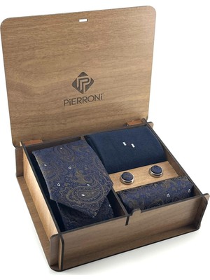 Pierroni Renkli Kahve Lacivert Şal Desen Kravat Mendil Kol Düğmesi Çorap Set Şıklık Vurgusu