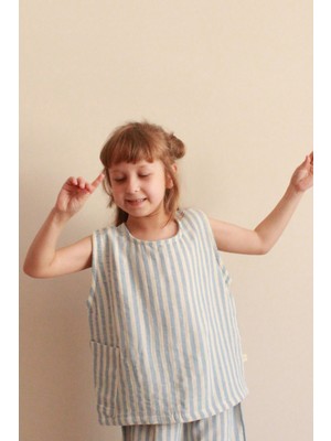 Oh la la Koala For Little Ones Kız Çocuk Mavi Çizgili Asimetrik Cep Detaylı Kolsuz Atlet Günlük Stil Pamuklu