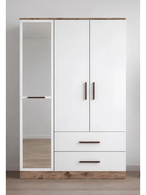 Zita 3 Kapaklı Gardırop - Antık Cam & Mat Beyaz - Çekmeceli Raflı Aynalı