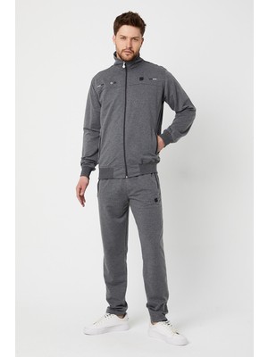 Dawrazz Erkek Dairesel Desenli Hakim Yaka Eşofman Takımı Gri Kompak Penye 2XL Sezonluk