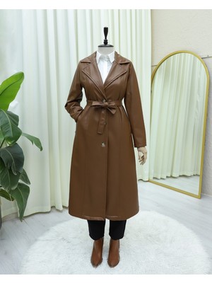 Moda Morfo Bağcıklı Düğmeli Deri Trençkot -Taba