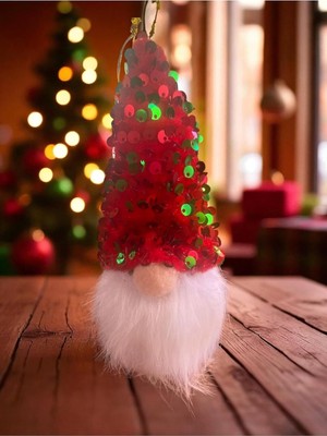 Nisar Store Gnome Şans Cücesi (15 Cm) – Kırmızı Yeşil Payetli Şapkalı Yılbaşı Süsü Dekorasyonu, Kırmızı