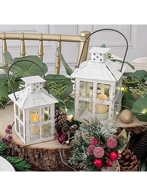 Nisar Store Aspen 14110WT Beyaz Eskitilmiş Küçük Fener Mum, Demir