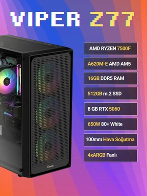 Sinerji Viper Z77 Gigabyte Geforce RTX5060 Windforce Max Ryzen 5 7500F 16GB DDR5 512GB SSD