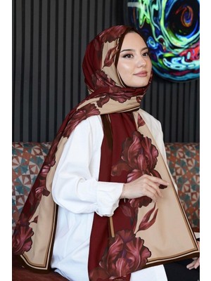 Afvente Çiçek Desen Bordo Soft Pamuk Şal