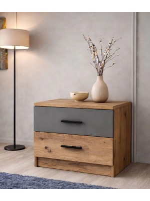 Latre Komodin - Antık Cam & Antrasit - 2 Çekmeceli