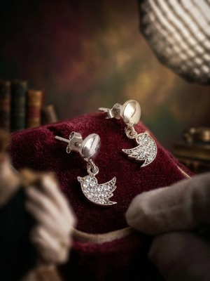 925 Ayar Gümüş Zirkon Taşlı Çivili Sosyal Medya Kuşu Twitter Küpe  Yılbaşı Yeni Yıl Hediye