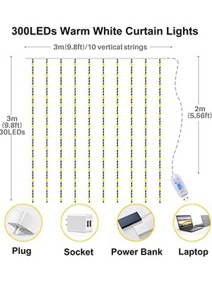 Nisar Store Işık Perdesi, 3 x 3 M, LED Işık Zinciri, Perde, 8 Modlu, IP65 Su Geçirmez, Iç ve Dış Mekan Dekorasyonu, Düğün, Parti,, Teras Için (300 Led, Sıcak Beyaz)